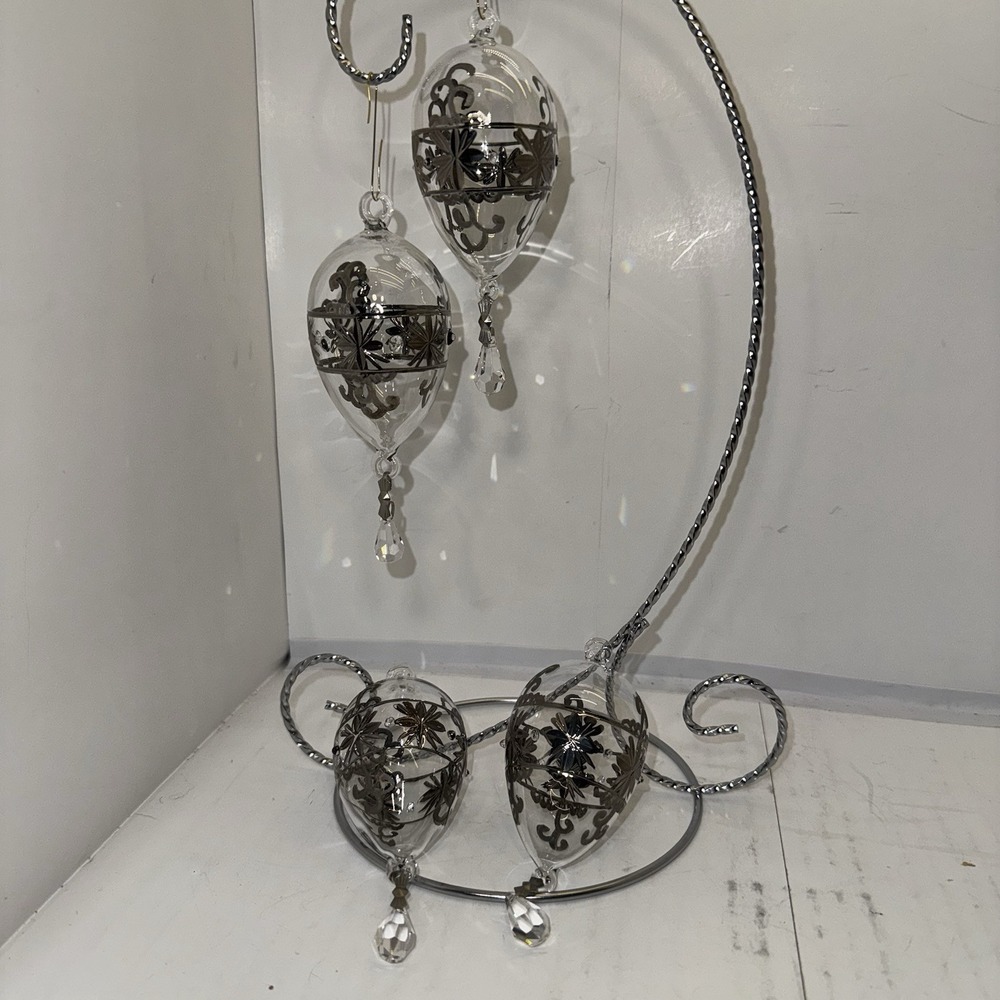 Set Of 4 Egyptian Hand Blown Glass Christmas Ornaments w/Crystal Drops Silver 4"
